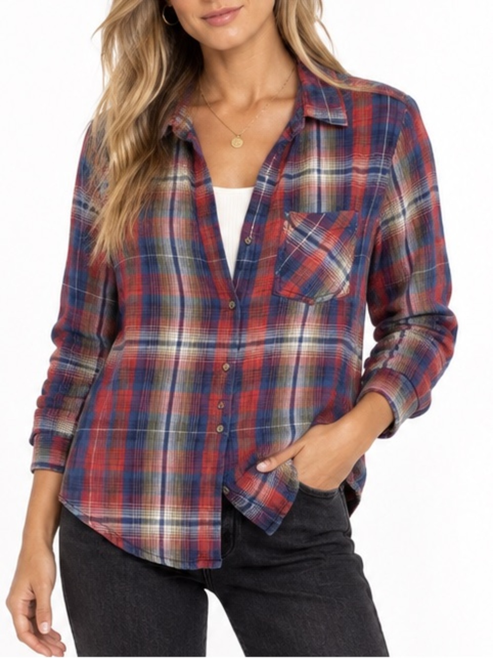 Dylan Medium Red Blue Plaid Flannel Button Down Shirt Western Fall Layering Top